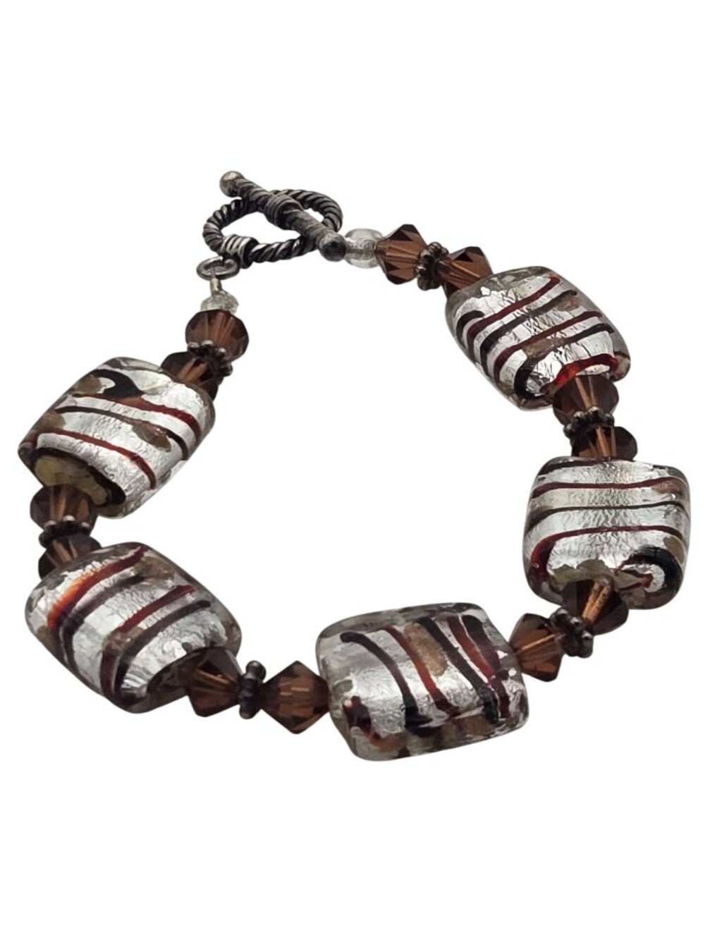 Handcrafted Glass Bead Bracelet With Silver & Brown Striped Cubes Toggle Clasp